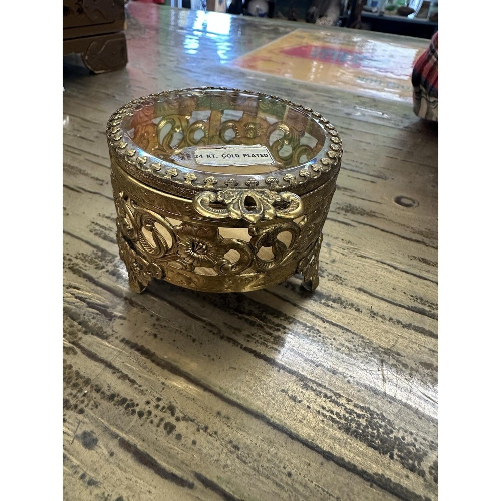 24k Gold Plate Ormolu Hollywood Regency Filigree Glass Oval Jewelry Box Casket
